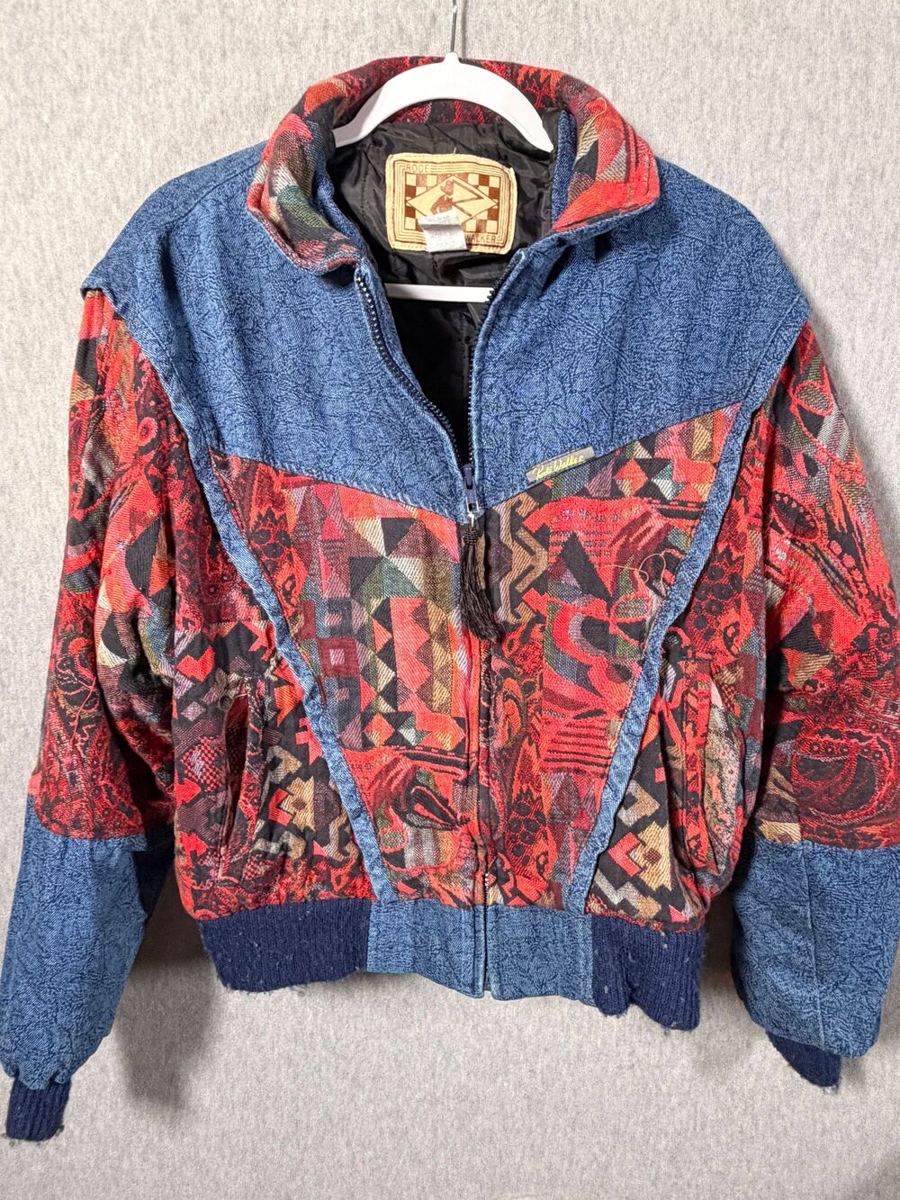 Rode Walker Vintage 90s Women's Bomber Jacket Denim Quilted Tribal Aztec Small